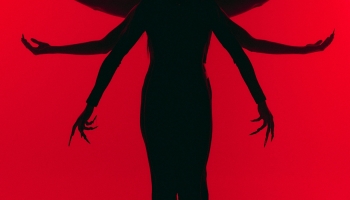A silhouette of a person standing against a bright red background, with multiple arms extended in different positions behind them, creating a dramatic, surreal effect.