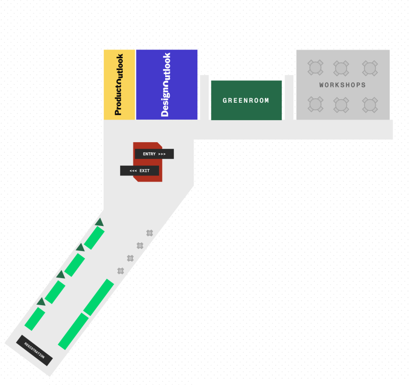 Map of the Sofitel venue layout for DesignOutlook, including ProductOutlook, DesignOutlook, Greenroom, Workshops, entry/exit points, and registration.