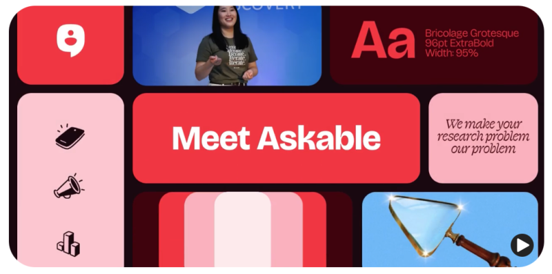 Askable’s brand showcase featuring bold red tiles, icons, typography, tagline ‘We make your research problem our problem’ and ‘Meet Askable’ banner.