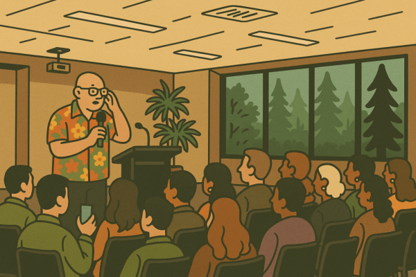 Cartoon-style scene of a speaker in a floral shirt addressing an audience in a wood-panelled room with large windows looking out to pine trees.