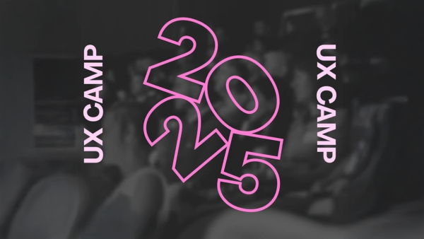 Promotional graphic for UX Camp 2025 in Naarm/Melbourne on 17.10.25, featuring bold pink text over a dark, blurred background of seated attendees.